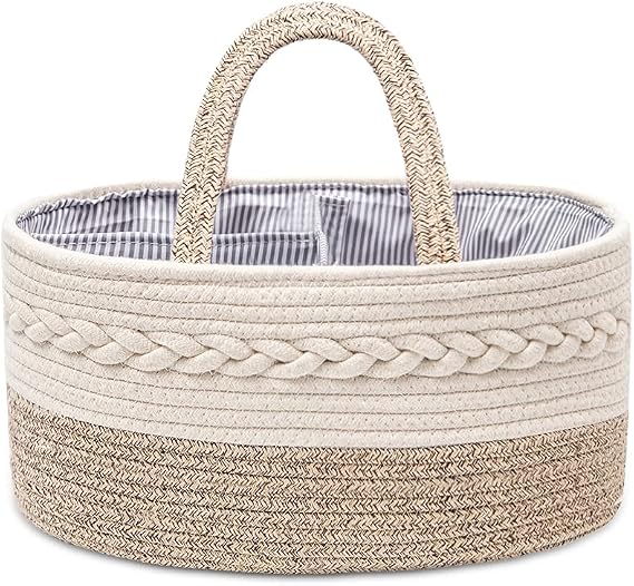 Baby Nappy Caddy Organiser,Portable Cotton Rope Woven diaper Caddy-Nursery Storage, DIY Basket with Changeable Compartments, Newborn Shower Gift Tote Bag (Beige)