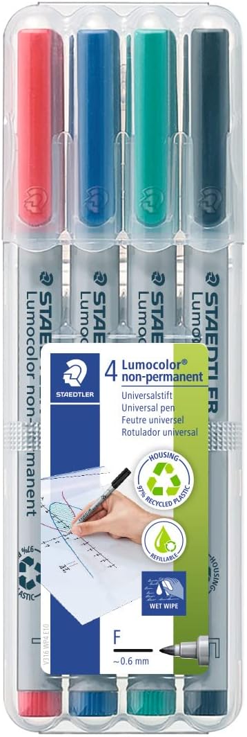 STAEDTLER Non-Permanent Marker Pens - Lumocolor - Fine Tip - 0.6mm Line Width - Pack of 4, 316 WP4