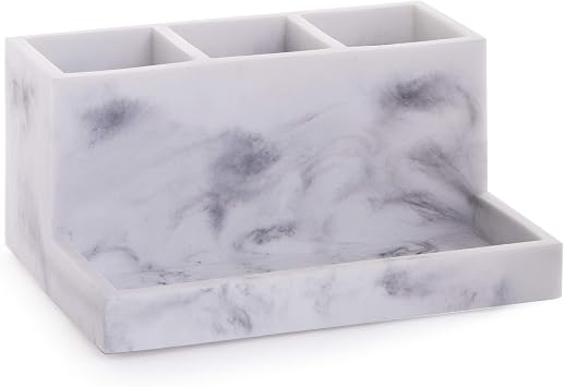 BINO | Multi Purpose 3 Compartment Organizer with Tray | Makeup Brush Holder Makeup Brush Organizer Holder Toothbrush Marble Bathroom Accessories Matte Marble