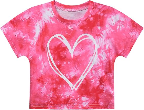 Girls Valentine's Crop Tops Heart Shirt Short Sleeve Tie Dye Heart Tshirts for Girl 6-14 Years