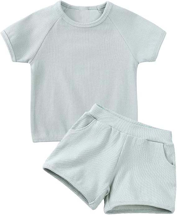 MYGBCPJS Baby Boys Girls 2 Pieces Ribbed Knit Shorts Set Toddler Kids Short Sleeve Shirt + Elastic Waist Bottoms Outfits