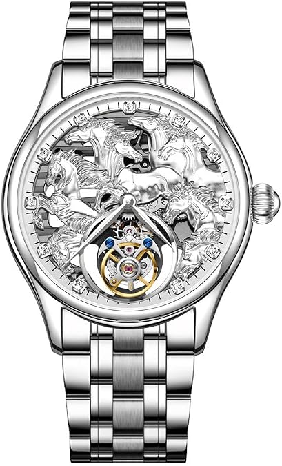 Flying Tourbillon Mechanical Hand Wind Watch Men Skeleton Diamond Dial Wristwatch Sapphire Double-Sided Hollow Clock Chinese Zodiac Horses Pattern Meaning Success Bright Future