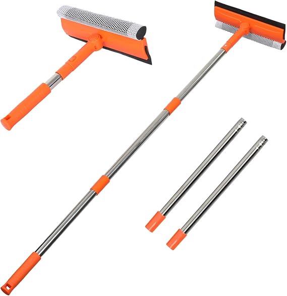 2 in 1 Car Window Squeegee with 8" Long Stainless Steel Handle,Microfiber Cloth and Rubber Car Window Squeegee for Gas Station,