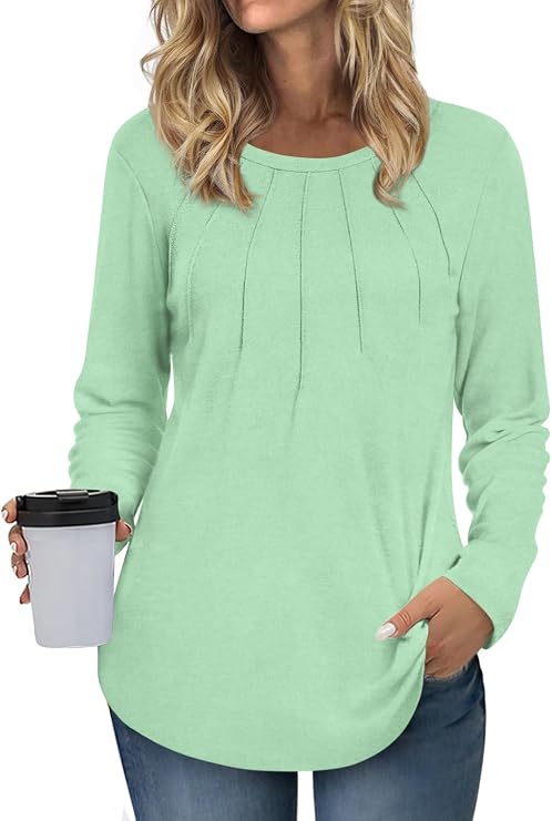 Anyhold Women's Long Sleeve Tunic Tops Loose Fit Dressy Casual Pleated Blouses to wear with Leggings