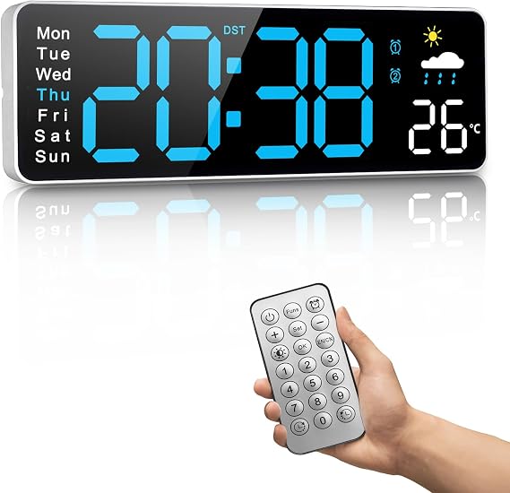 Digital Wall Clock, Digital Clock Large Display, Corded Alarm Clocks with Weatherforecast, Day of the Week, Temp, Humidity, Auto DST, Countdown, for Living Room Bedroom Classroom Office, Blue