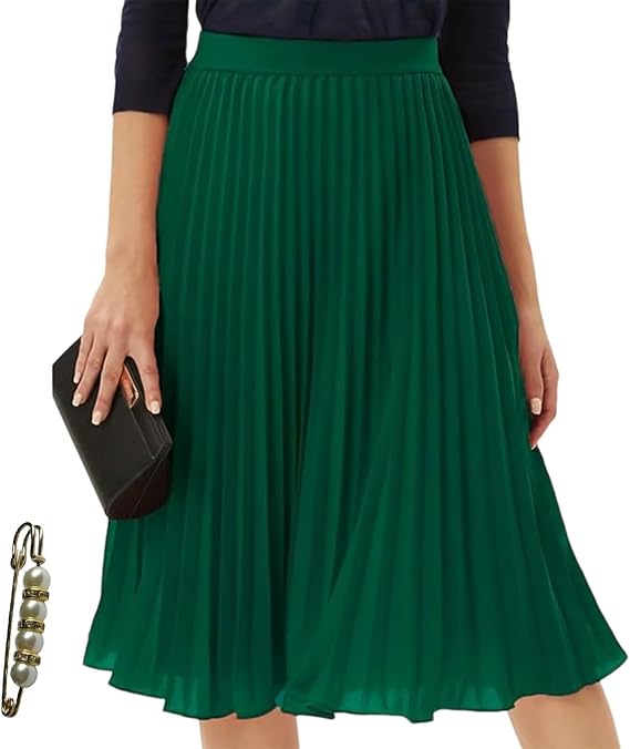 High Waist Pleated Midi Skirt A-Line Casual Work Skirts