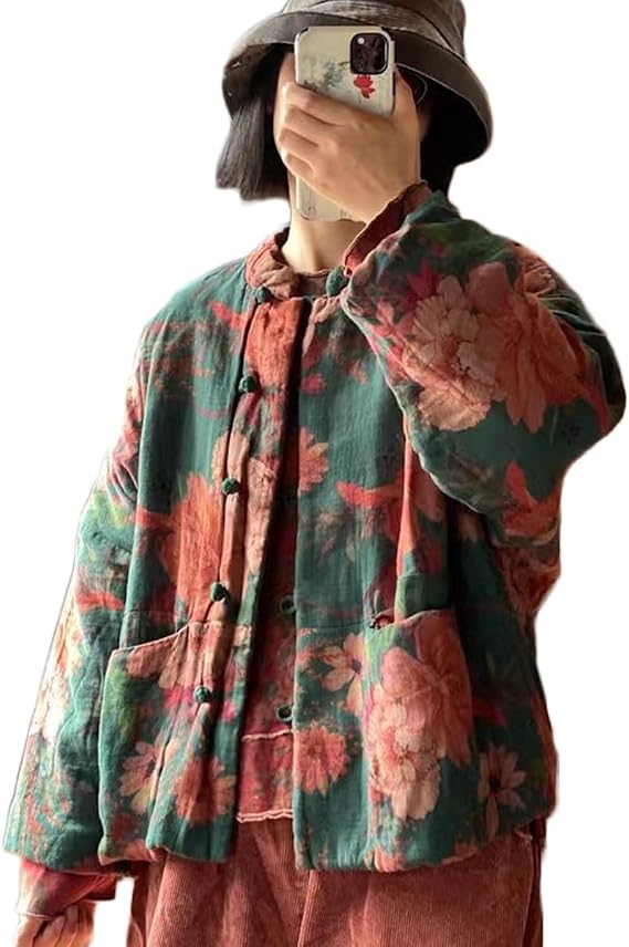 NFYM Women's Flower Quilted Cropped Jacket Casual Handmade Button Down Cotton Padded Coat Outwear