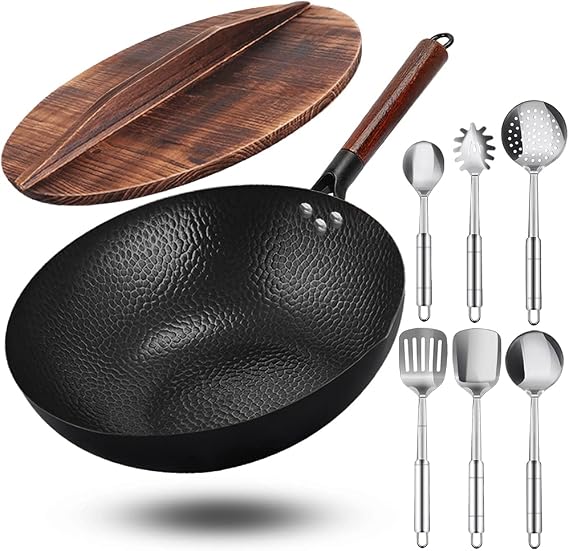 Wok Pan - 12.8" Woks and Stir Fry Pans, Carbon Steel Wok with Wooden Handle and Lid, 6 Cookware Accessories, Flat Bottom Pan Suits for All Stoves