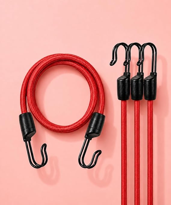 Kancalı Bagaj Gergi Lastiği - Paslanmaz Çelik Çift Kancalı, Motor ve Bisiklet Sabitleme Lastiği - 3 Adet (Kırmızı, 90cm)