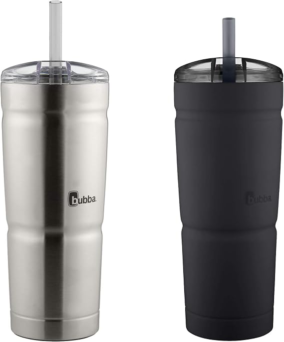 BUBBA BRANDS Envy S Vacuum-Insulated Stainless Steel Tumbler with Lid and Straw, Reusable Iced Coffee or Water Cup, BPA-Free Travel Tumbler, 24oz 2-Pack Black& Steel