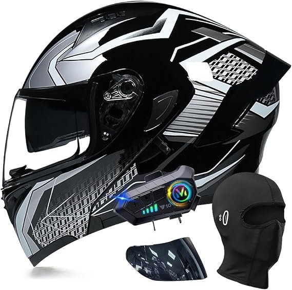 Bluetooth Modular Motorbike Helmet, Full Face Flip Up Motorcycle Double Visor Helmet, DOT/ECE Approved, with Dual Speaker and Microphone, for Adults Men Women M~XXL