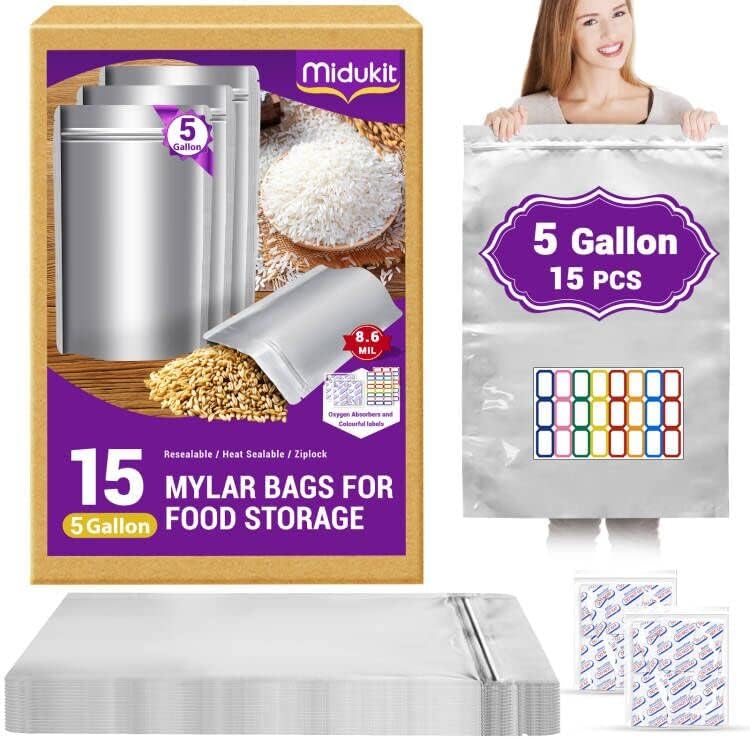 15PCS Mylar Bags for Food Storage 5 Gallon 17"x28" 8.6Mil, with Oxygen Absorbers 40000cc  Labels Heat Sealable Resealable Ziplock for Long Term Storage, Mylar Bags Large Food Grade