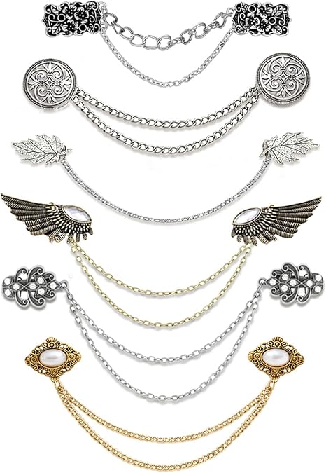 Tornito Vintage Sweater Shawl Chain Clips Retro Shirt Collar Lapel Holders Decorations With Hanging Chain Cardigan Cloak Dress Chain Clips CZ Wings Pearl Leaf Flower Patterns Brooch Pins for Women Men
