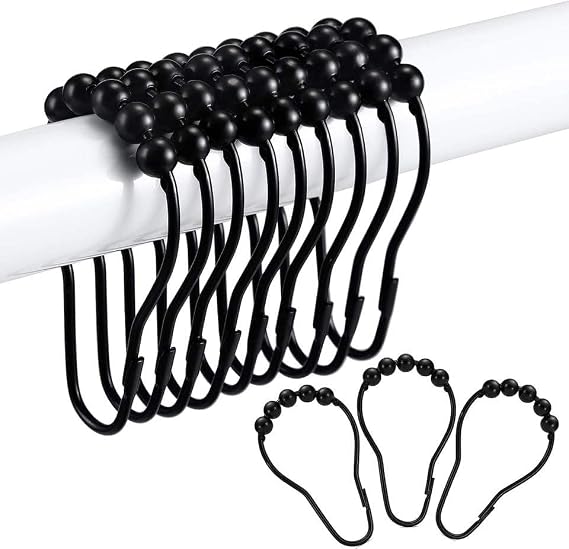 12-60pcs Rust Resistant Stainless Steel Rolling Shower Curtain Hooks/Rings/Hangers - Gold Shower Rod Hooks, Easy Sliding Shower Curtain Holders, Black Shower Curtain Rings (24, Black)