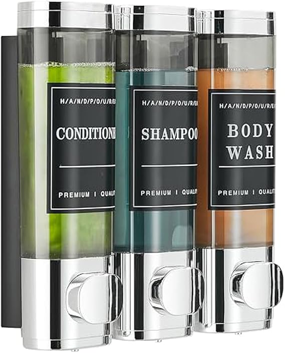 Shower Soap Dispenser Wall Mounted No Drill Shampoo Dispenser for Shower Wall Shampoo and Conditioner Dispenser Bathroom Hotel 3 * 300ml Chrome with Labels