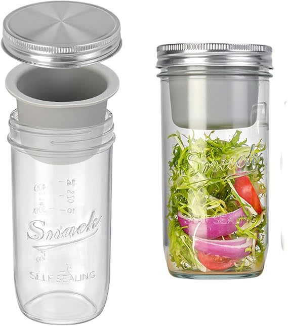 2 Pack Wide Mouth Glass Salad Jars with Lids Meal Prep, Leakproof Container for Lunch with Separate Compartments for Dressing, 22oz Mason Jars Overnight Oats Jars (22OZ)