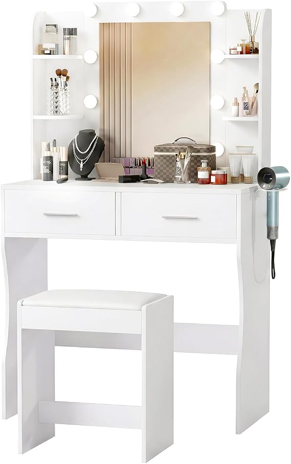 FDW Vanity Desk with Mirror and Lights, 2-Drawer Makeup Vanity Desk with 3 Adjustable Light Colors, 6 Shelves and Power Outlets for Bedroom, White