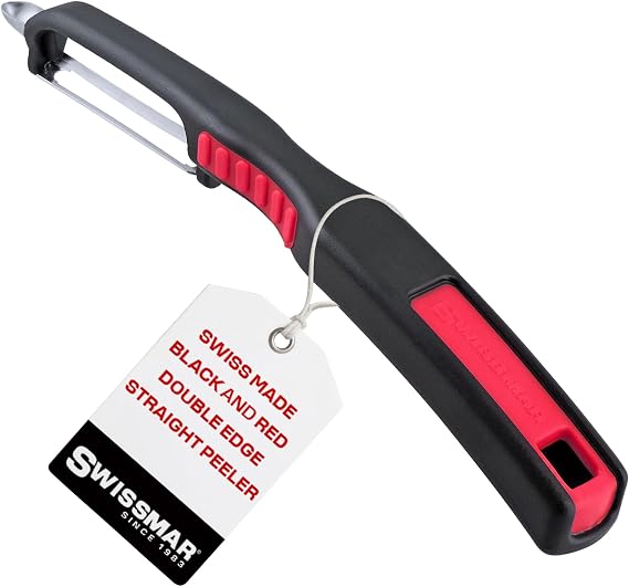 Swissmar Swiss Non-Slip Double Edge Straight Peeler - Easy-Grip Stainless Steel Peeler - Versatile Kitchen Tool, Ideal for Potato Peeler, Veggie Peeler & more - Black & Red