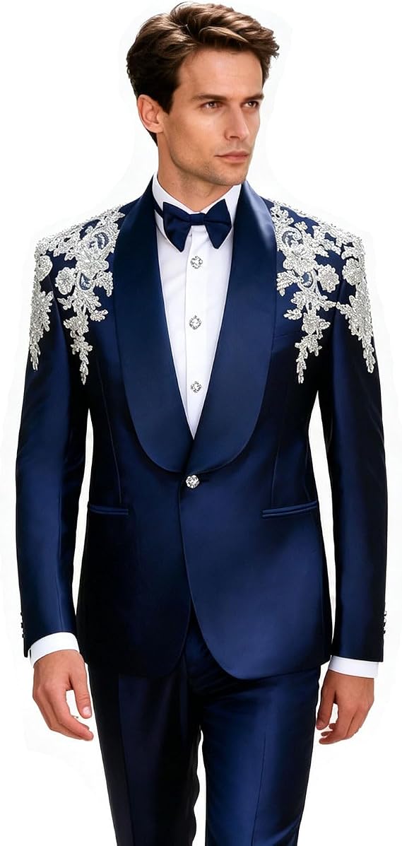 Men's Silver Embellishments Blazer Groom Tuxedo One Rhinestone Button Shawl Lapel Wedding Suit Jacket Prom Party