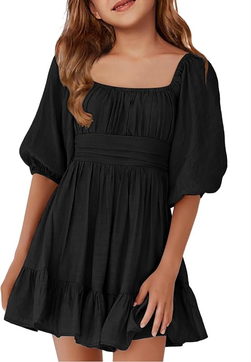 Batermoon Girls Summer Dresses Square Neck Tie Backless Dress 5-14 Years | Ruffle A-Line Dress, Lantern Sleeve, Elastic Smocked Waist, Boho Short Sleeve Dress, Casual Formal Party