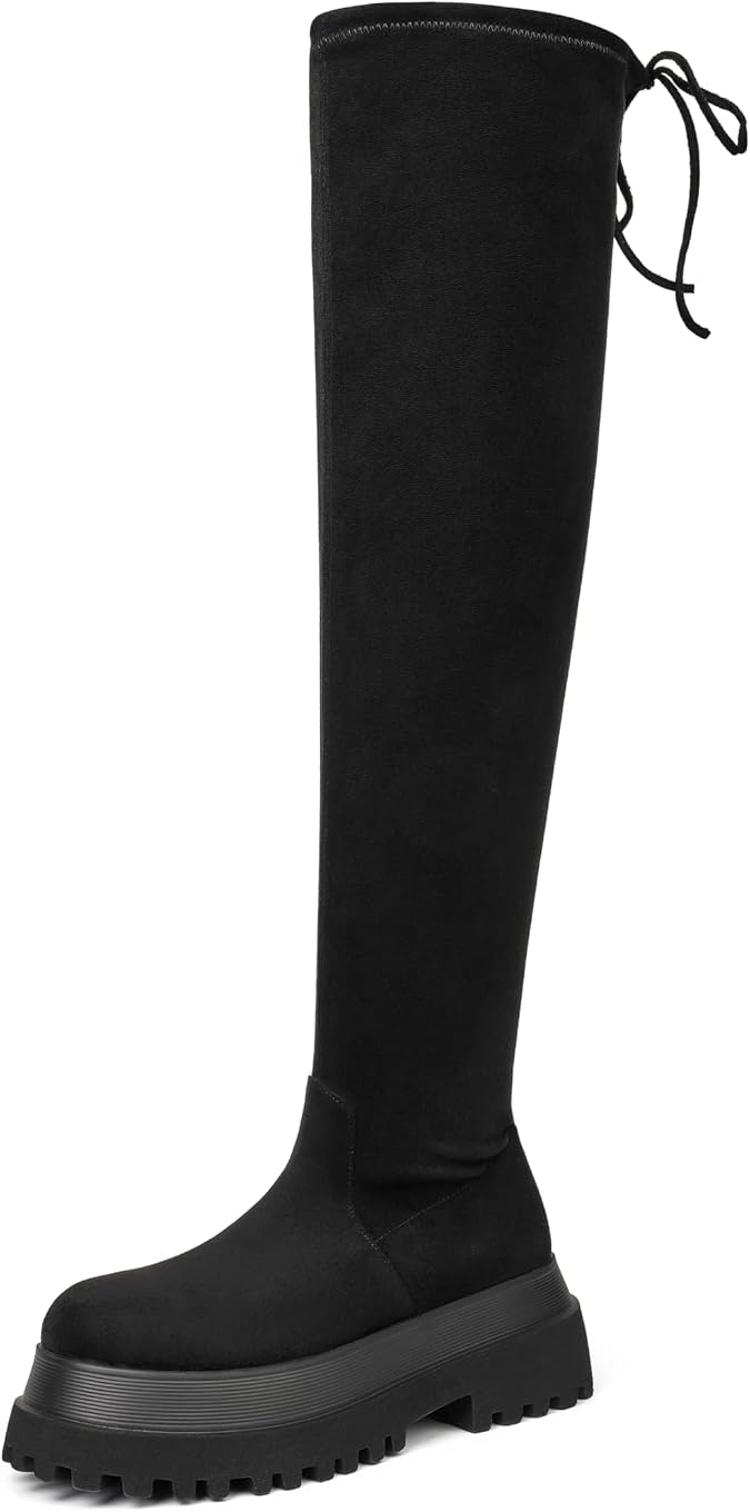 Women's Platform Knee High Boots Round Toe Lug Sole Side Zip Tall Boots