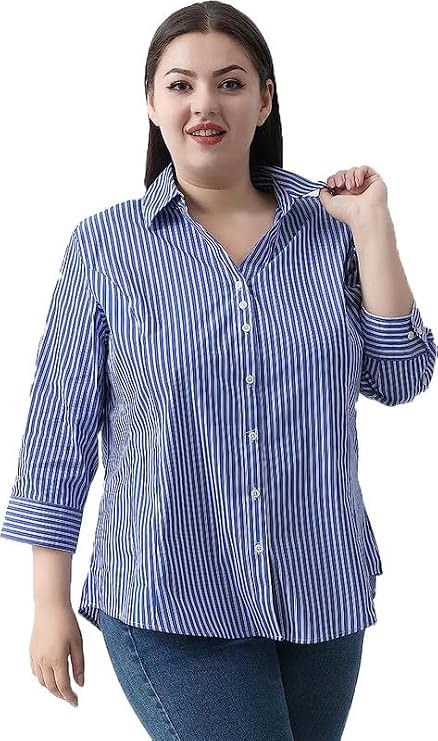 Plus Size 3/4 Sleeve Shirts for Women Button Down Shirts V Neck Women Blouses Tops Business Casual Stretch Shirts