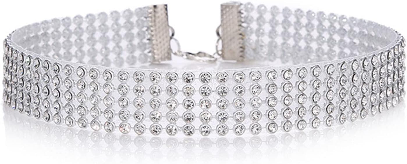 Rhinestone Choker Necklaces Silver Crystal Cz Necklaces Sparkling Diamond Choker Necklaces Wide Crystal Collar Necklaces Jewelry for Women and Girls