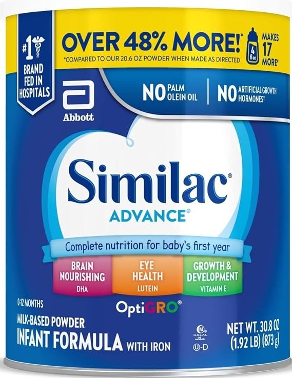 Similac Advance Baby Formula Powder With Iron, Inspired by Breast Milk | Nutritionally Complete Infant Formula for Babies, Support for Brain & Eye Development, Easy to Digest, 30.8 oz value-size can