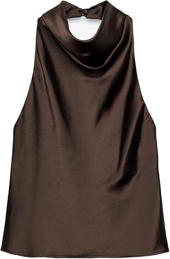 Women's Satin Tank Top Backless Halter Neck Camisole Elegant Draped Front Loose Fit Sexy Summer Tops(Brown-M)