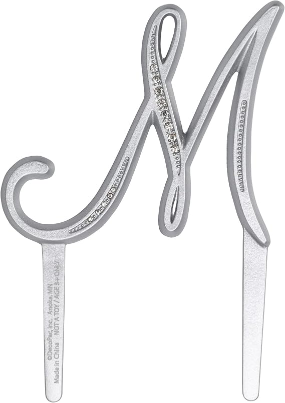 DecoPac Monogram ''M'' Cake Topper, 1 Piece, Silver Letter Cake Decoration With Clear Rhinestone, 4.5"