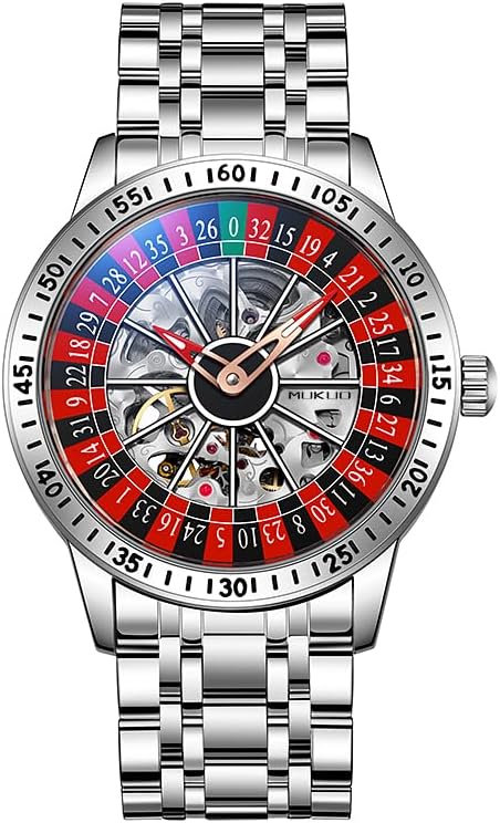 Luxury Skeleton Automatic Watch, Stainless Steel Band, Roulette Style Dial , Silver, Luxury Business
