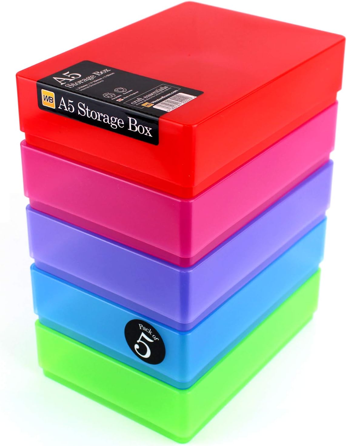 WestonBoxes A5 Plastic Craft Storage Boxes with Lids for Art Supplies, Paper and Card - 1.8 Litre Volume (Multicolour, Pack of 5)