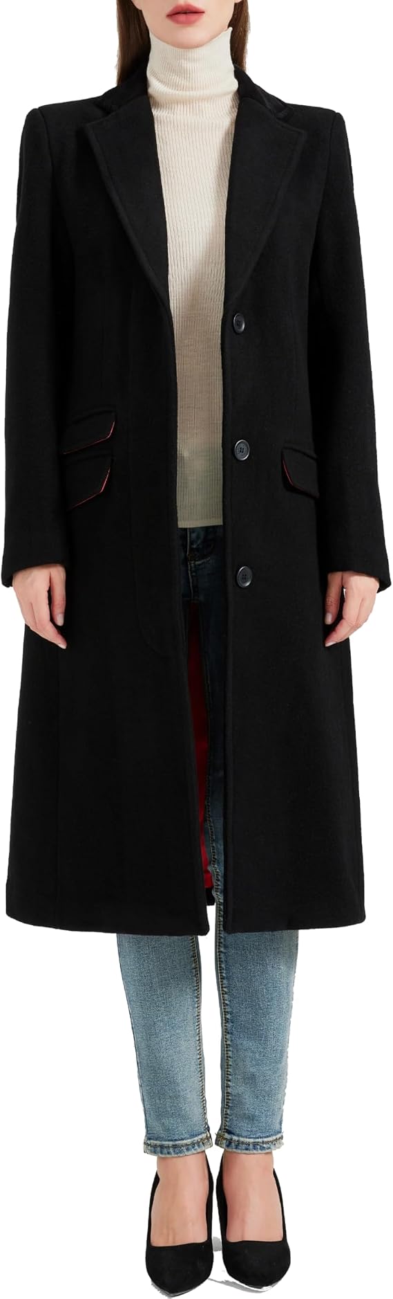 Women’s Black 70% Wool & Cashmere Covert Overcoat – Winter Coat with Velvet Collar, Red Satin Lining & Concealed Fastening