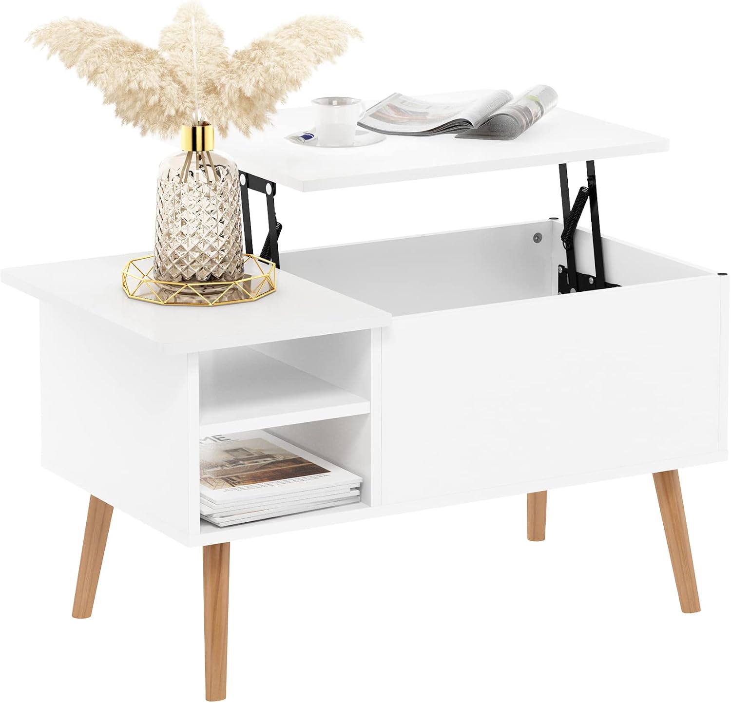 Furinno Jensen Living Room Wooden Leg Lift Top Coffee Table With Hidden Compartment and Side Open Storage Shelf, Solid White