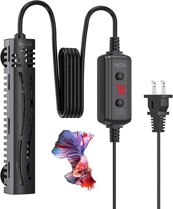 SEAOURA Small Aquarium Heater, 25W Mini Turtle and Betta Fish Tank Heater 1-6 Gallon Tank, Adjustable Submersible Aquarium Heater with External Controller for Freshwater and Saltwater