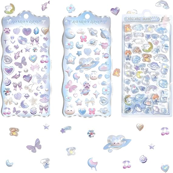 3 Sheets 3D Embossed Cute Stickers, PVC Puffy Stickers for Kids | Small Cartoon Mini Sticker, Starry Night and Puppy Designs, Fits Laptop Water Bottle Phone Case Notebook Scrapbook Rewards