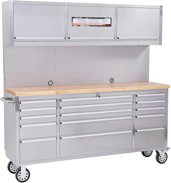 72 Inch Rolling Tool Cabinet, Heavy-Duty Garage Workbench with 15 Drawers & 3 Cabinets, Steel Frame Workshop Table for Mechanics, Garage Organization, Large Tool Bench Storage with Pegboard, Silver