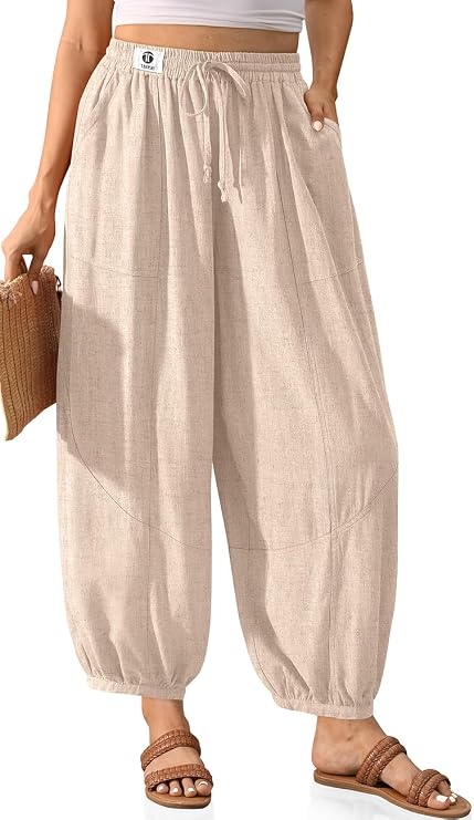 TARSE Womens Linen Barrel Harem Pants with Pocket