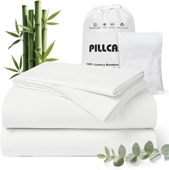 100% Bamboo Viscose & Tencel Lyocell Full Size Sheet Set for RV Camper| Cooling & Breathable Bedsheets for Hot Sleepers |Luxury Silky Soft | 18" Deep Pocket with Corner Straps (01-White, Full)