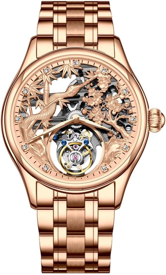 Flying Tourbillon Mechanical Hand Wind Wrist Watch Men Skeleton Diamond Dial Wristwatch Sapphire Double-Sided Hollow Clock Man Chinese Zodiac Snakes Pattern Meaning Romantic