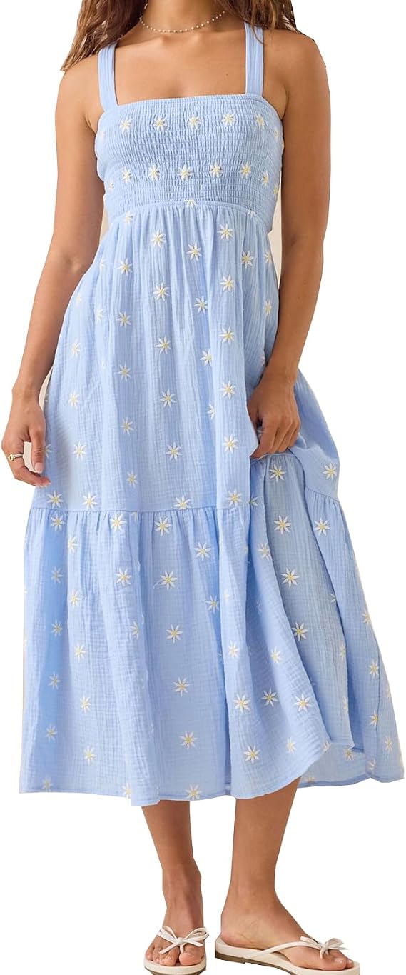 Women's Summer Boho Embroidered Daisy Maxi Dress Spaghetti Strap Square Neck Backless Long Vacation Beach Sundress