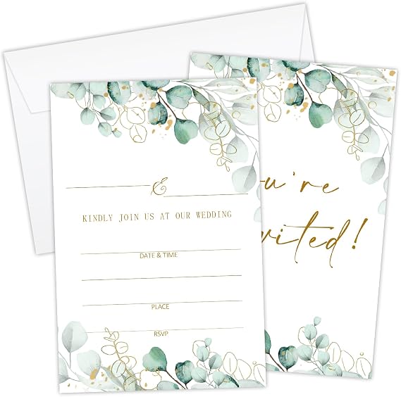Rustic Greenery Wedding Invitations Cards for Mr & Mrs Ideal for Weddings Bridal Shower Watercolor Invites Party Favor & Supplies Double-Sided Fill In Style 25 Pcs with Envelopes - FS627