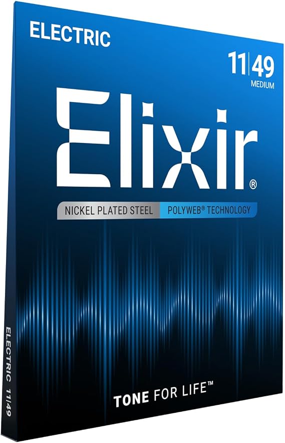 Elixir Strings, Electric Guitar Strings, Nickel Plated Steel with POLYWEB Technology, Longest-Lasting Warm Tone with Comfortable Feel, 6 String Set, Medium 11-49