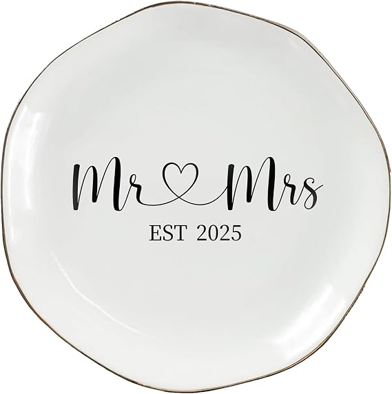 Mr & Mrs EST 2025 Ring Dish - Elegant Ceramic Ring Holder for Engagement, Wedding, and Bridal Shower Gifts - Honeymoon Keepsake for Friends, Newlyweds, and Bride-to-Be