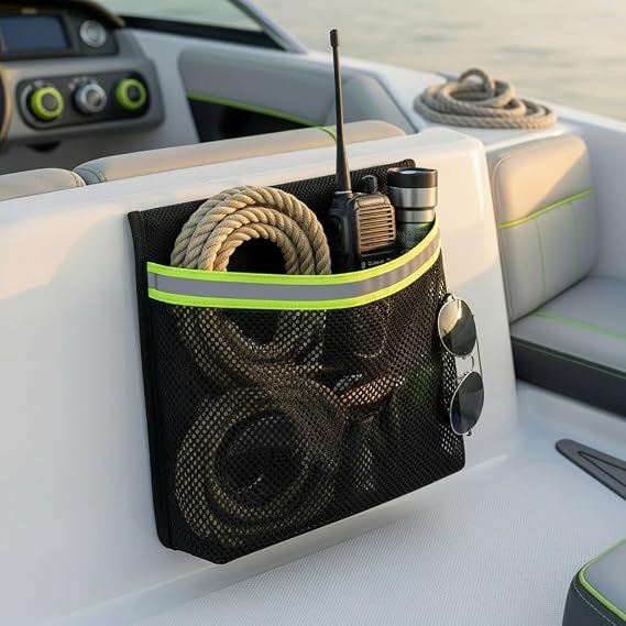 Boat Storage Bag, 13x9 Inch Self-Adhesive Mesh Organizer for RV Camper, Waterproof Marine Net for Boating Accessories, Easy Install Box Alternative