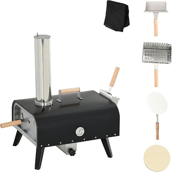Pellet BBQ Pizza Oven with 12in Rotating Cordierite Stone, 32x17.25x28in Dimensions, Black Exterior, Fully Equipped with Peel and Weather Cover