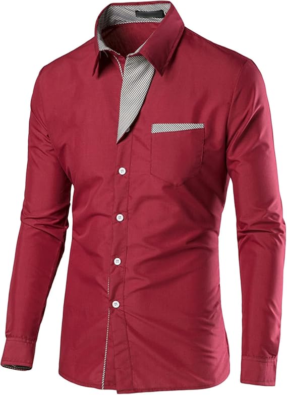 Men Fashion Contrast Striped Decorative Shirt Plaid Collar Button Shirt Casual Cotton Long Sleeve Dress Shirt (Claret,Large)