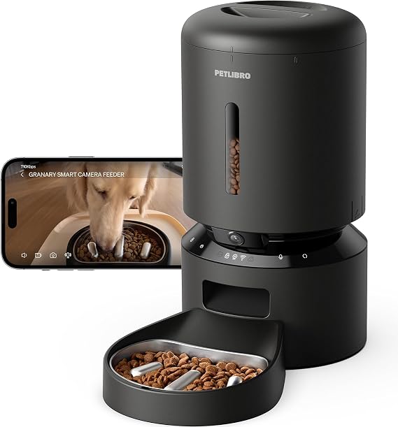 PETLIBRO Granary Automatic Cat Feeder with 1080p HD Camera, Slow Release for Dogs, App Live View, AI Detection, Two-Way Audio, Remote Control, 304 Stainless Steel Bowl, 5L-Camera, Black