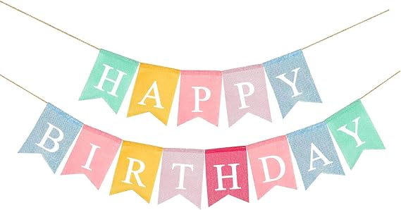 Happy Birthday Banner, Assembled Reusable Imitated Burlap Birthday Banner Colorful Rainbow Bunting Garland for Pastel Birthday Party Decorations