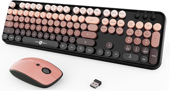 Wireless Keyboard and Mouse Combo,Typewriter Style,for Long Nail,Black Pink | Bubble Round Keys,Cute Colorful Raised Keys,Clicky Sound,2.4GHz Aesthetic Full-Size with Number Pad for PC Laptop Desktop